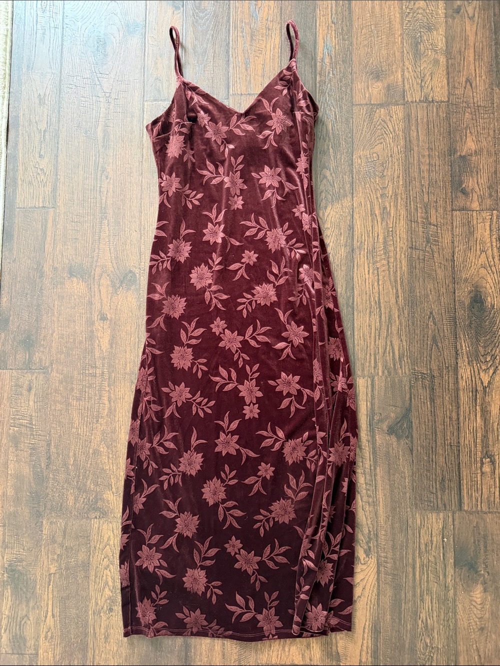 a new day Burgundy Floral Velvet Slip Maxi Dress
